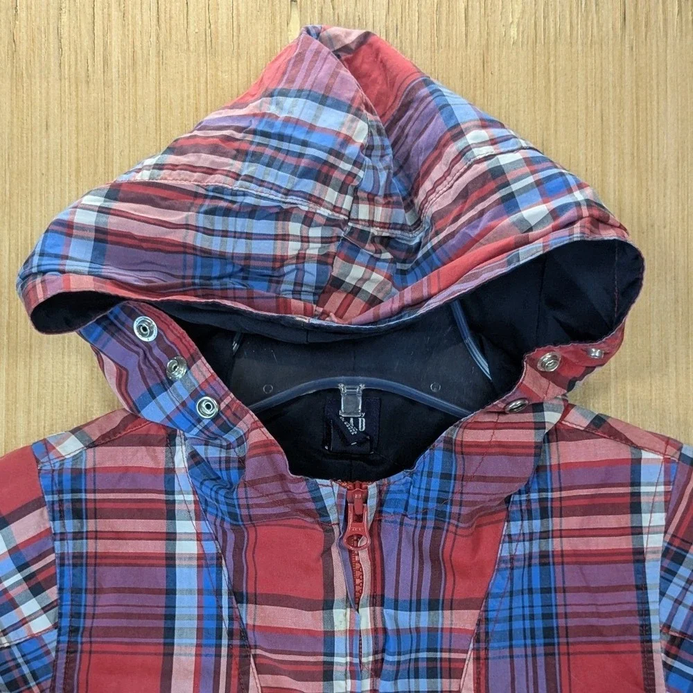 Vintage Y2K Baby Gap Toddler Boys Red Blue Plaid Hooded Windbreaker Jacket 3T